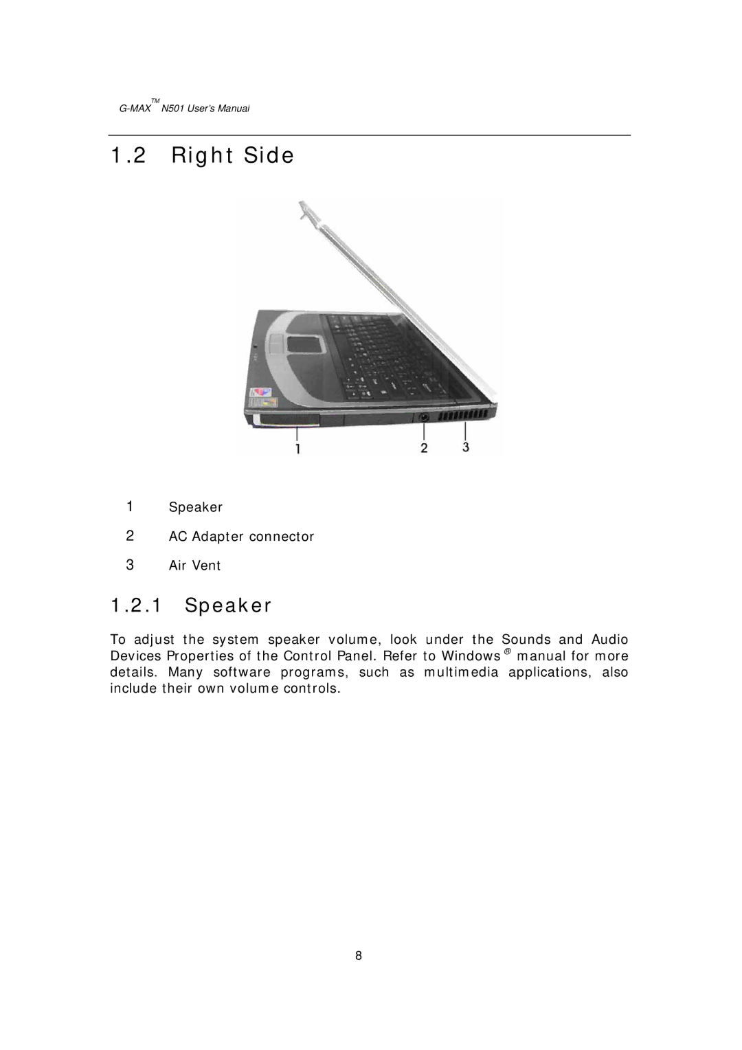 Gigabyte G-MAX N501 user manual Right Side, Speaker 