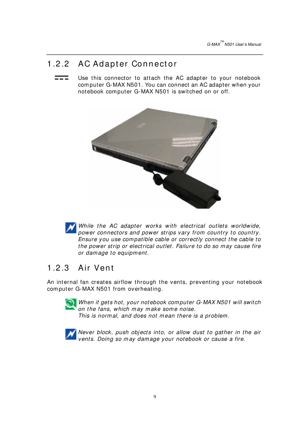 Gigabyte G-MAX N501 user manual AC Adapter Connector, Air Vent 