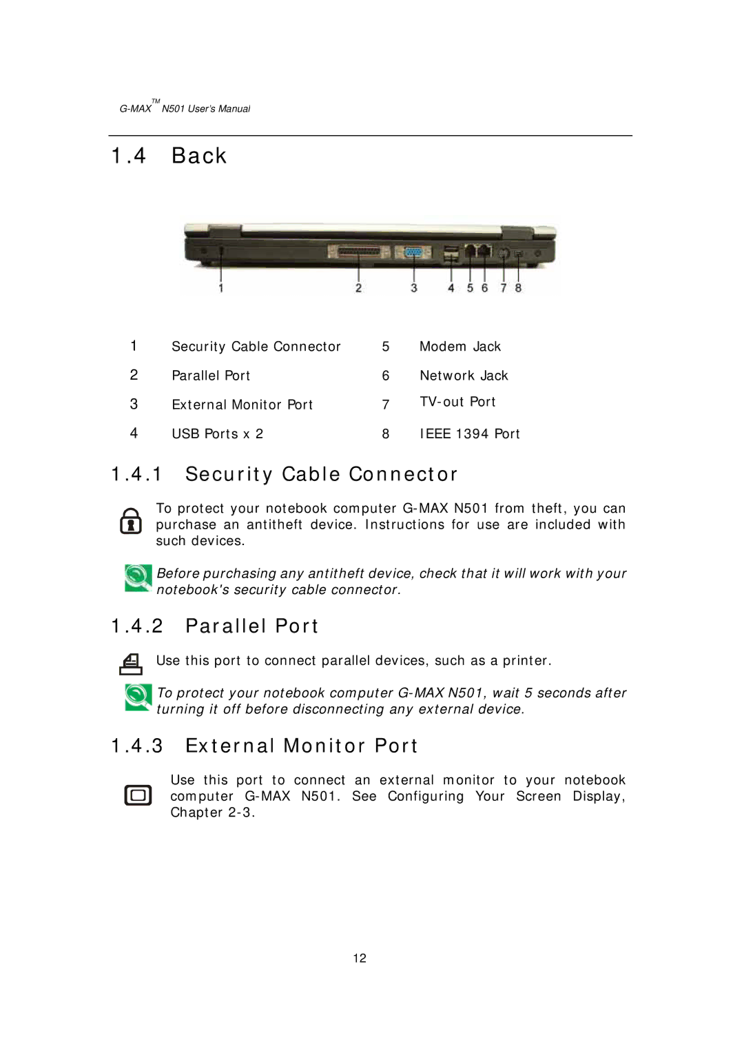 Gigabyte G-MAX N501 user manual Back, Security Cable Connector, Parallel Port, External Monitor Port 