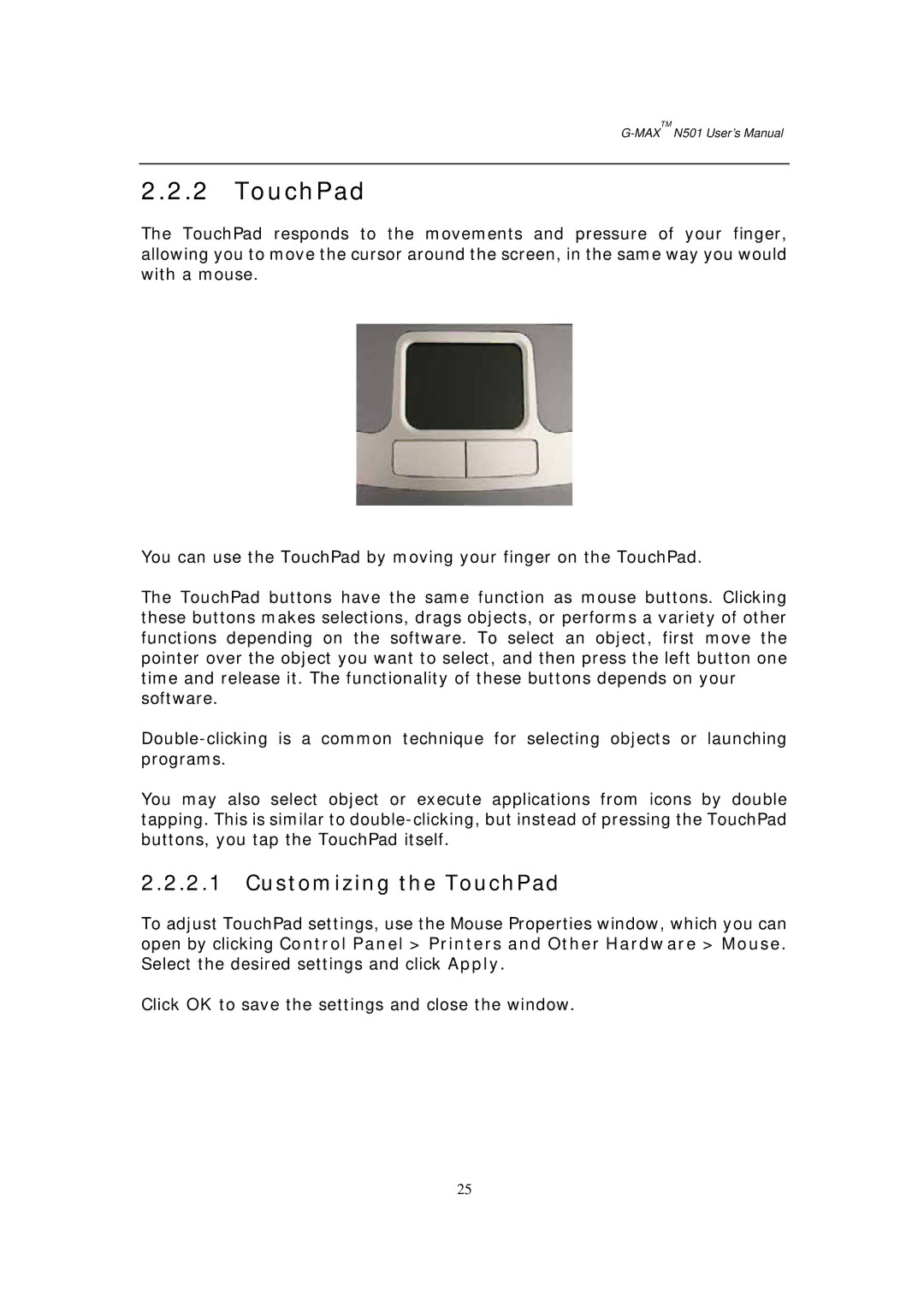 Gigabyte G-MAX N501 user manual Customizing the TouchPad 