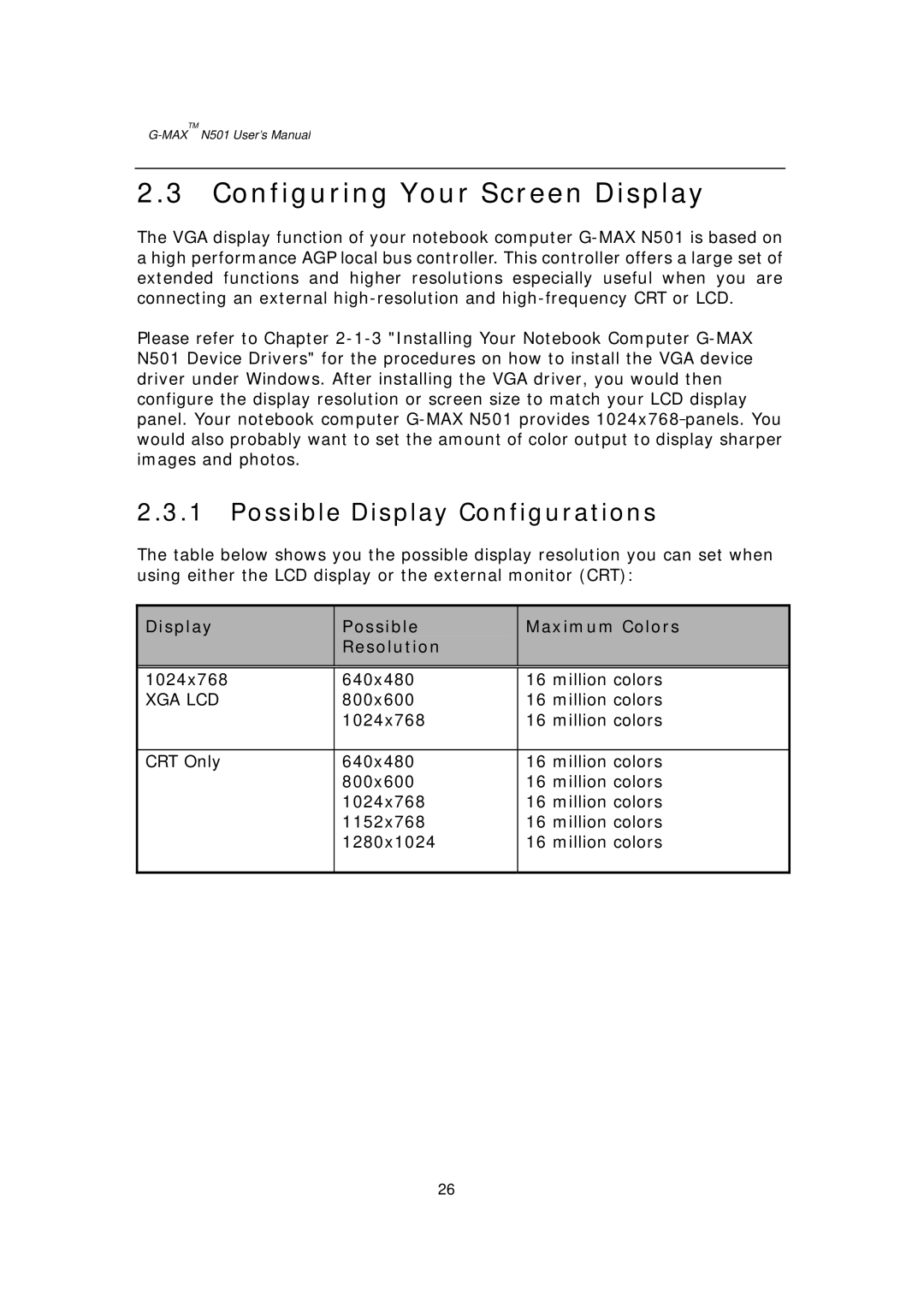 Gigabyte G-MAX N501 user manual Configuring Your Screen Display, Possible Display Configurations 