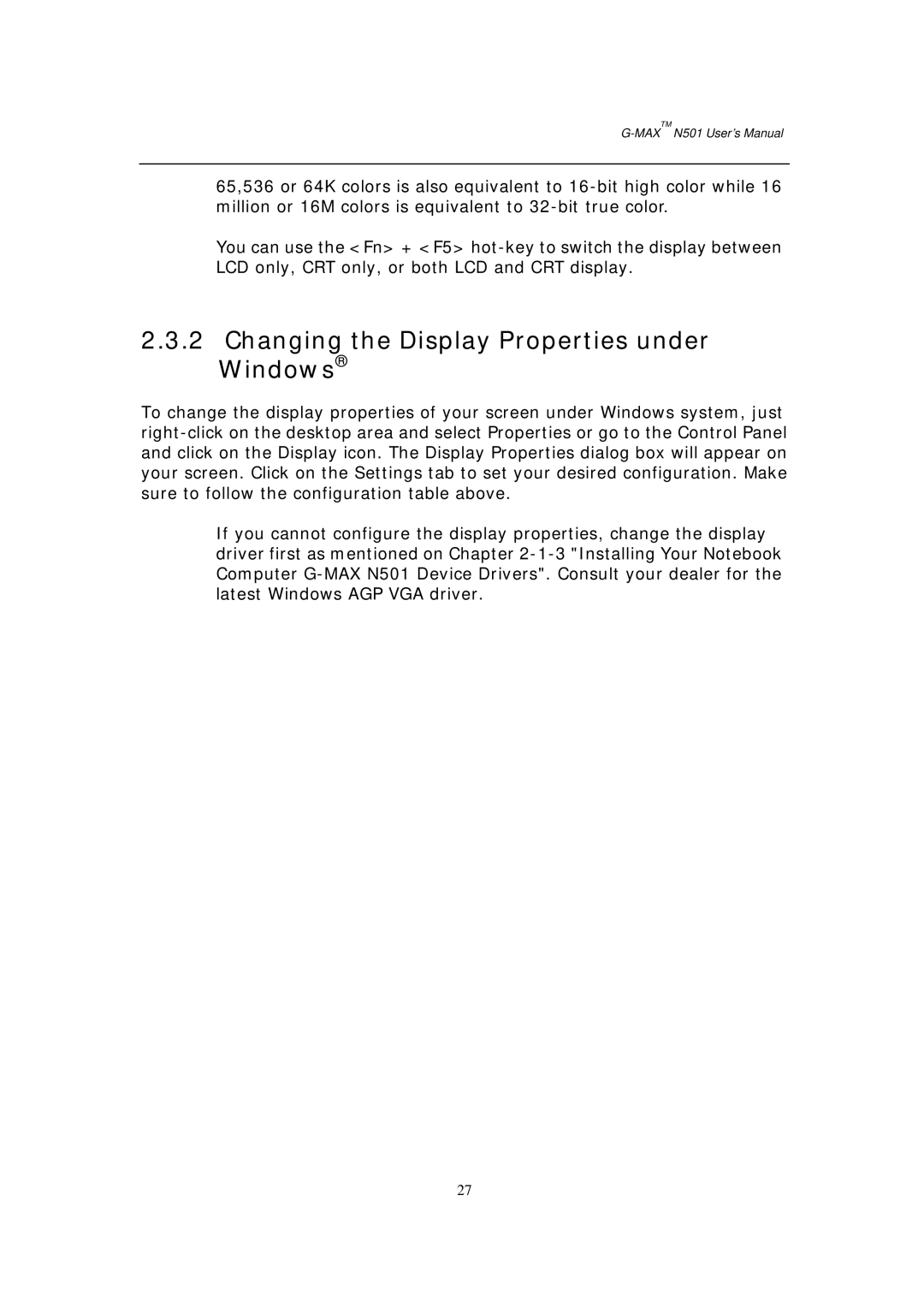 Gigabyte G-MAX N501 user manual Changing the Display Properties under Windows 