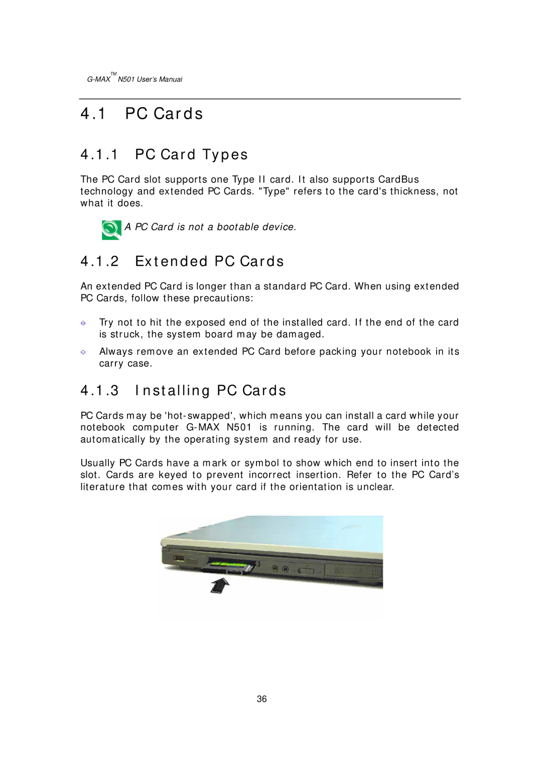 Gigabyte G-MAX N501 user manual PC Card Types, Extended PC Cards, Installing PC Cards 