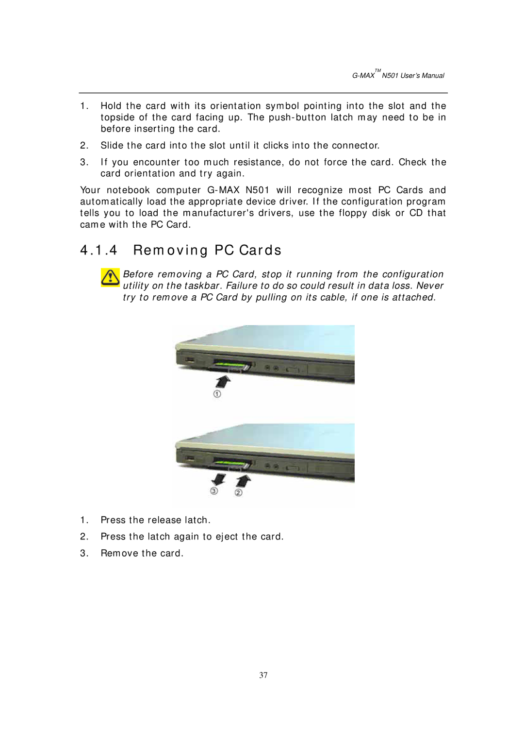 Gigabyte G-MAX N501 user manual Removing PC Cards 