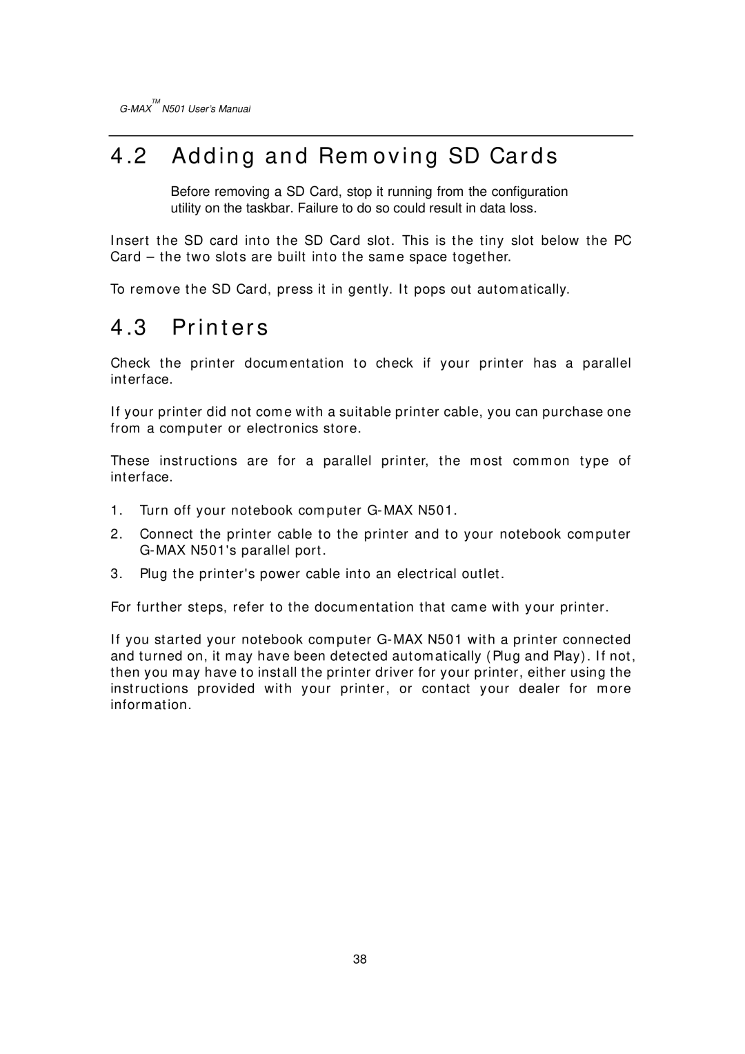 Gigabyte G-MAX N501 user manual Adding and Removing SD Cards, Printers 