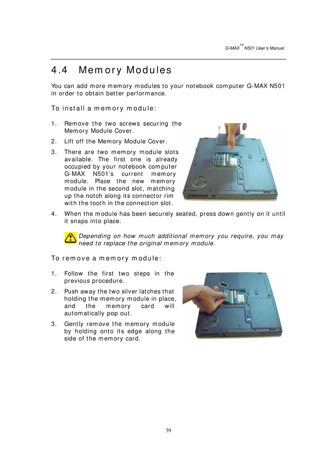 Gigabyte G-MAX N501 user manual Memory Modules, To install a memory module, To remove a memory module 