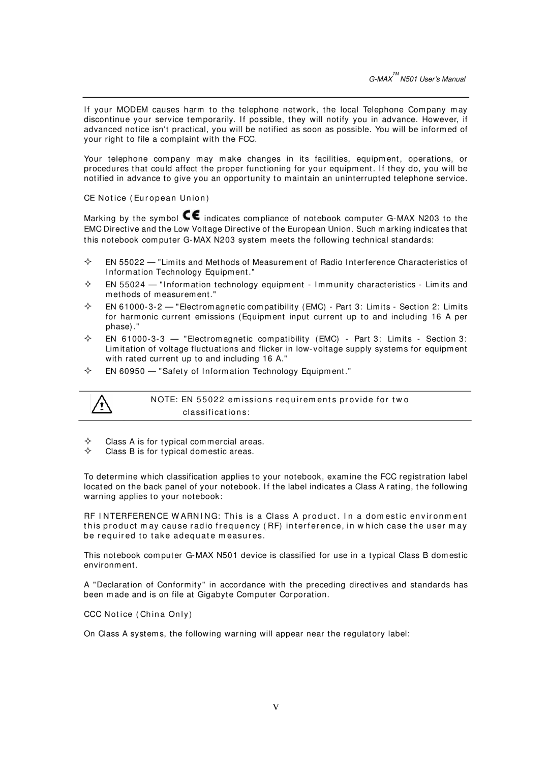 Gigabyte G-MAX N501 user manual CE Notice European Union 