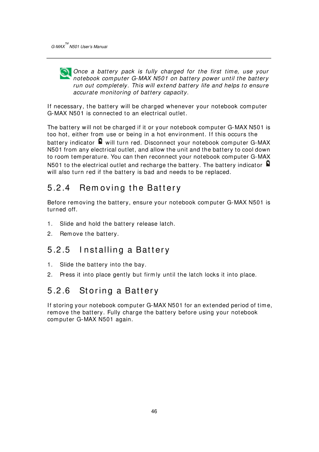 Gigabyte G-MAX N501 user manual Removing the Battery, Installing a Battery, Storing a Battery 