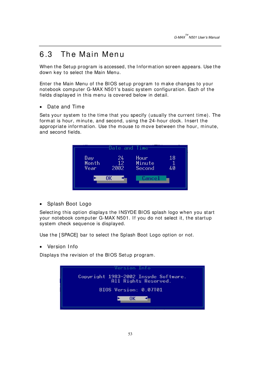 Gigabyte G-MAX N501 user manual Main Menu, Date and Time 