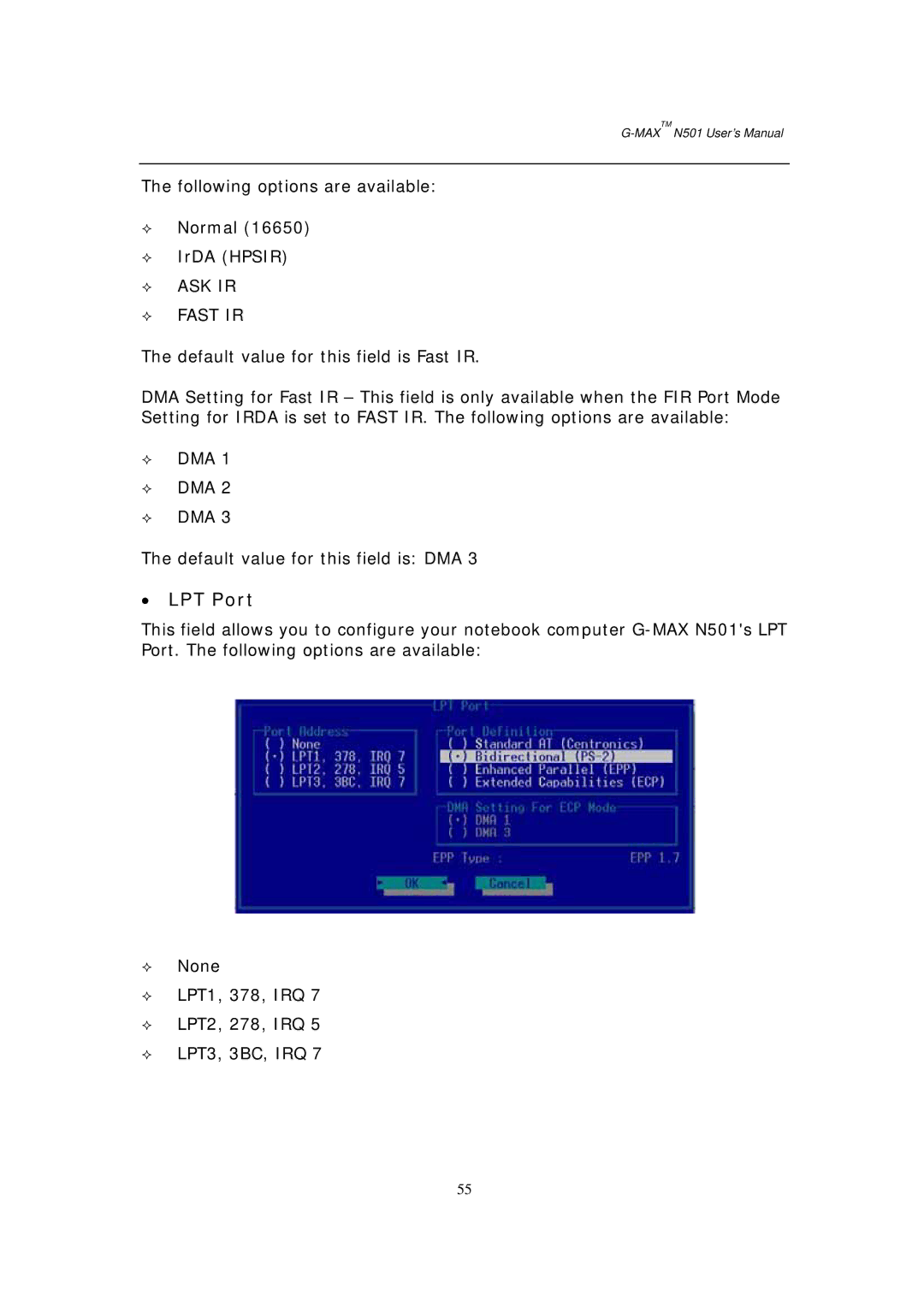 Gigabyte G-MAX N501 user manual LPT Port, — ASK IR — Fast IR 