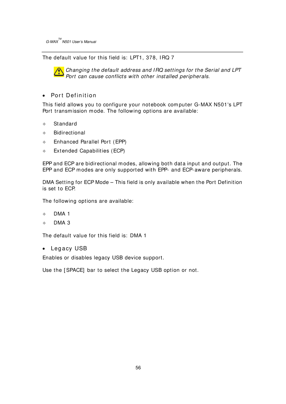 Gigabyte G-MAX N501 user manual Port Definition, Legacy USB 