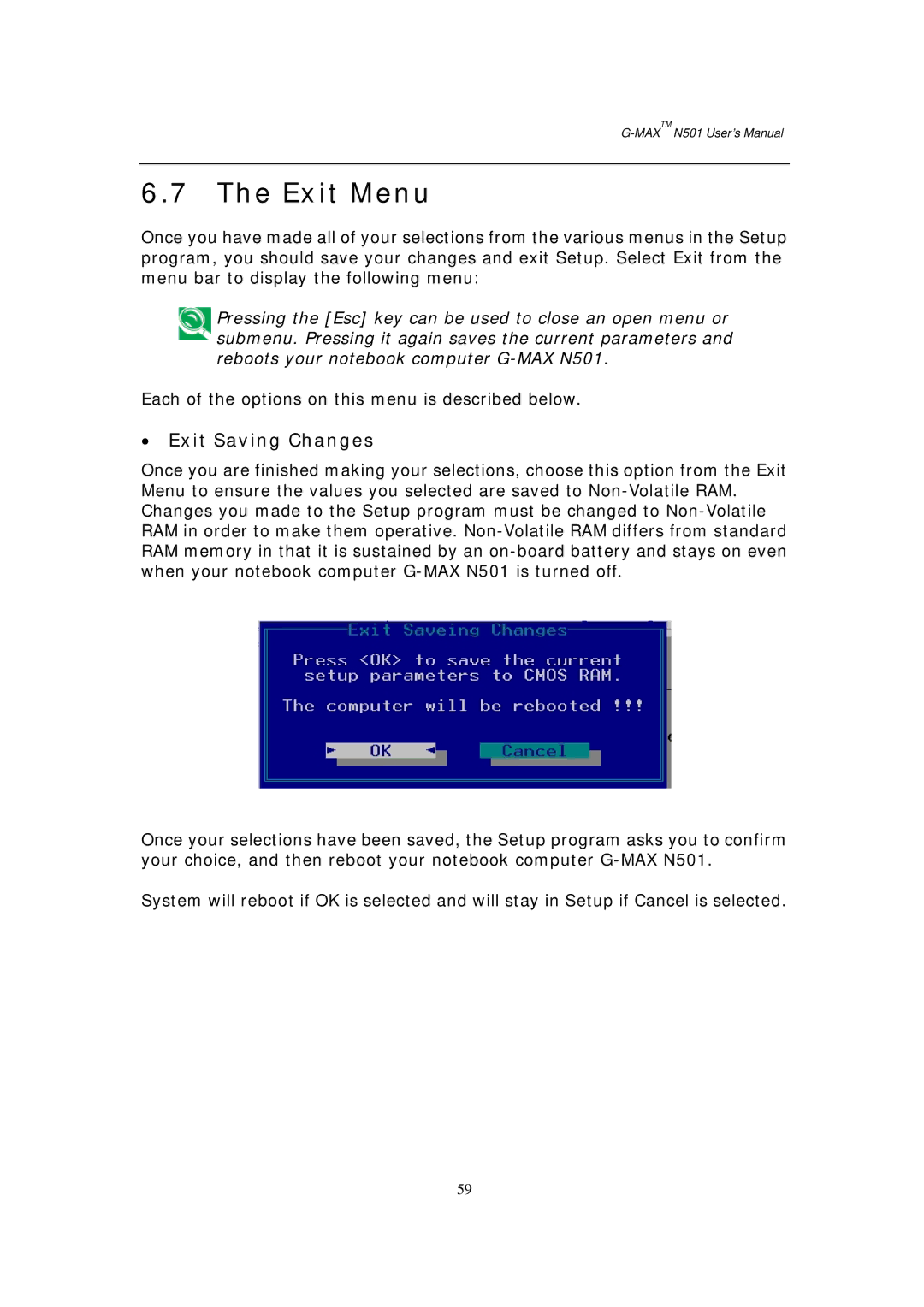 Gigabyte G-MAX N501 user manual Exit Menu, Exit Saving Changes 