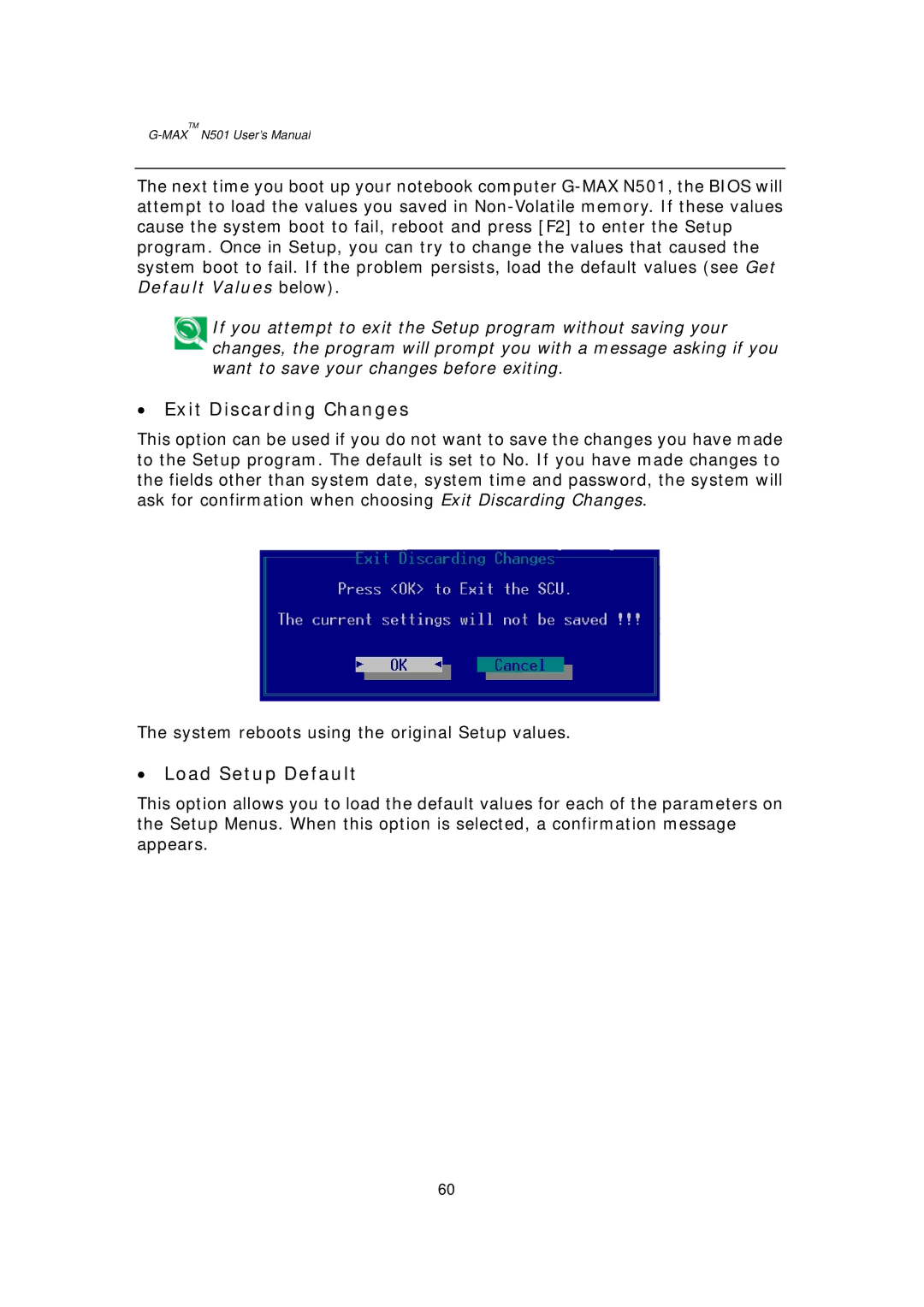 Gigabyte G-MAX N501 user manual Exit Discarding Changes, Load Setup Default 