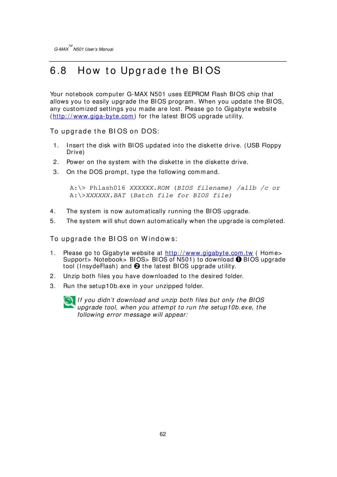 Gigabyte G-MAX N501 user manual How to Upgrade the Bios, To upgrade the Bios on DOS, To upgrade the Bios on Windows 