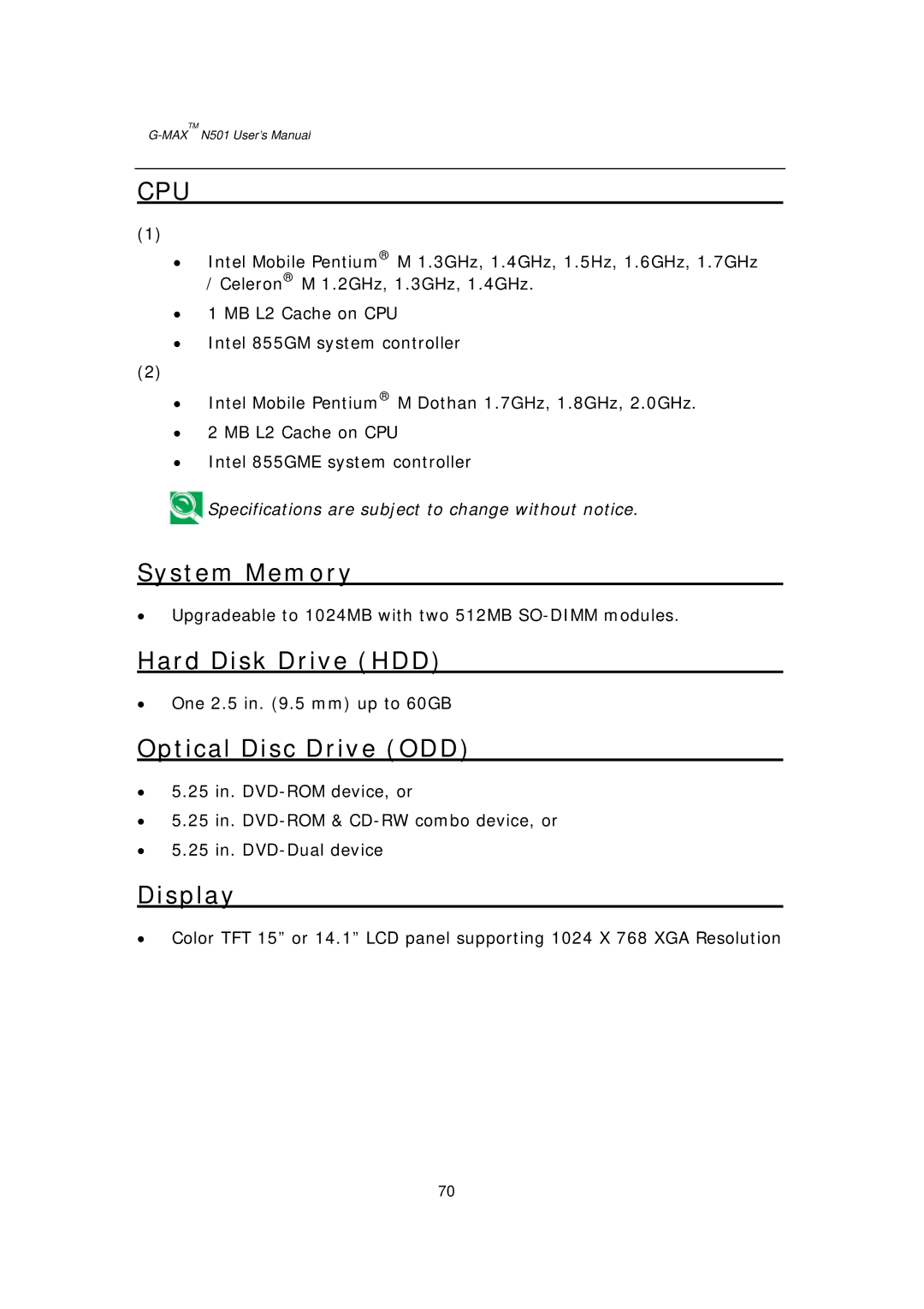 Gigabyte G-MAX N501 user manual System Memory, Hard Disk Drive HDD, Optical Disc Drive ODD 