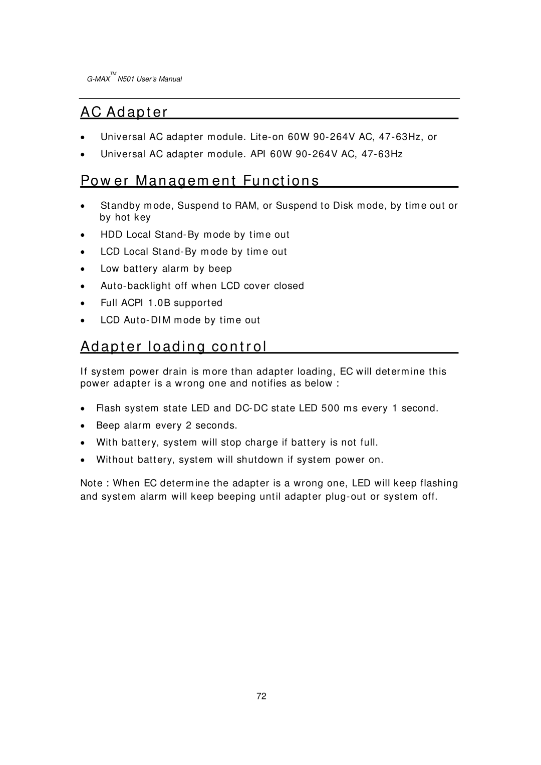 Gigabyte G-MAX N501 user manual AC Adapter, Power Management Functions, Adapter loading control 