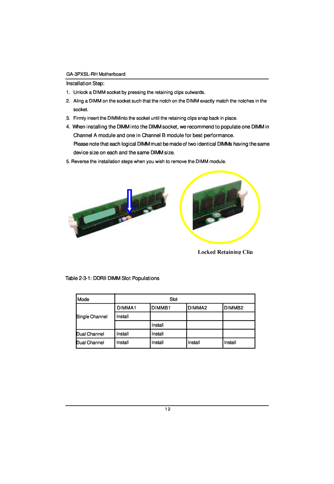 Gigabyte GA-3PXSL-RH user manual Installation Step, 3-1 DDRII DIMM Slot Populations, Single Channel 