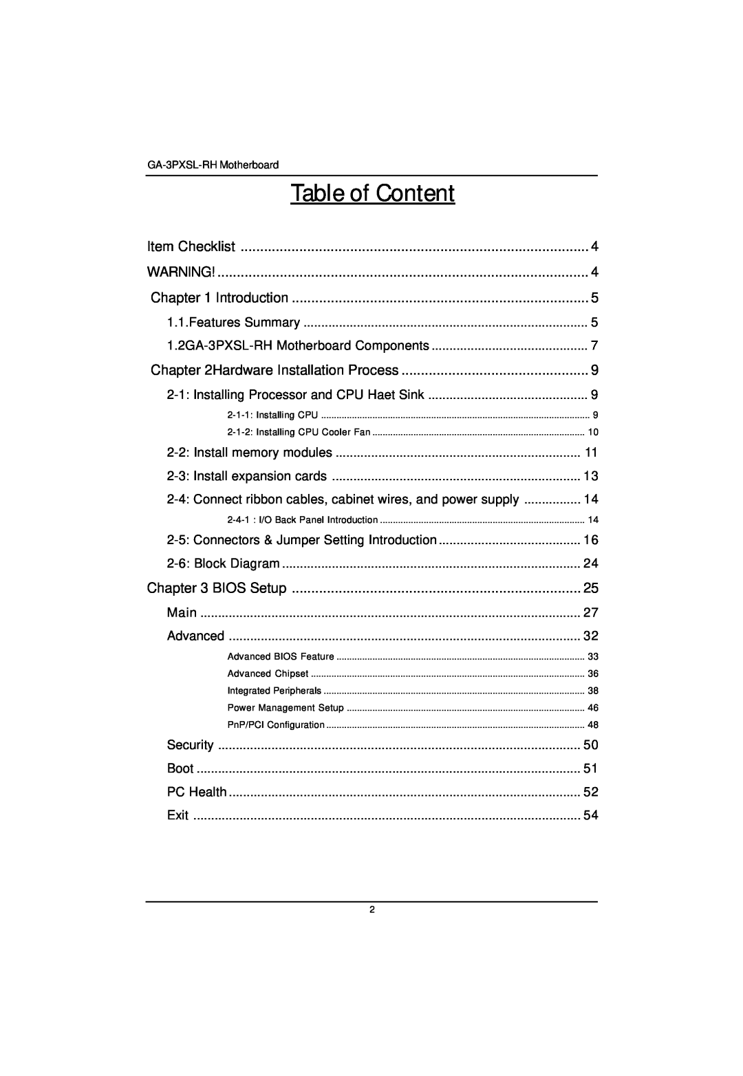Gigabyte GA-3PXSL-RH user manual Table of Content 