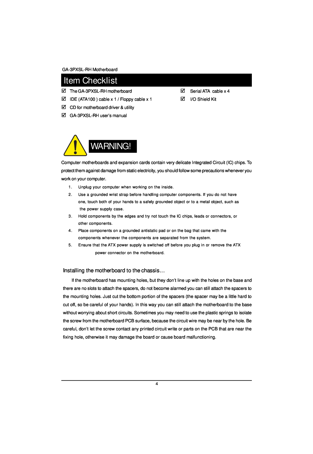 Gigabyte GA-3PXSL-RH user manual Item Checklist, Installing the motherboard to the chassis… 