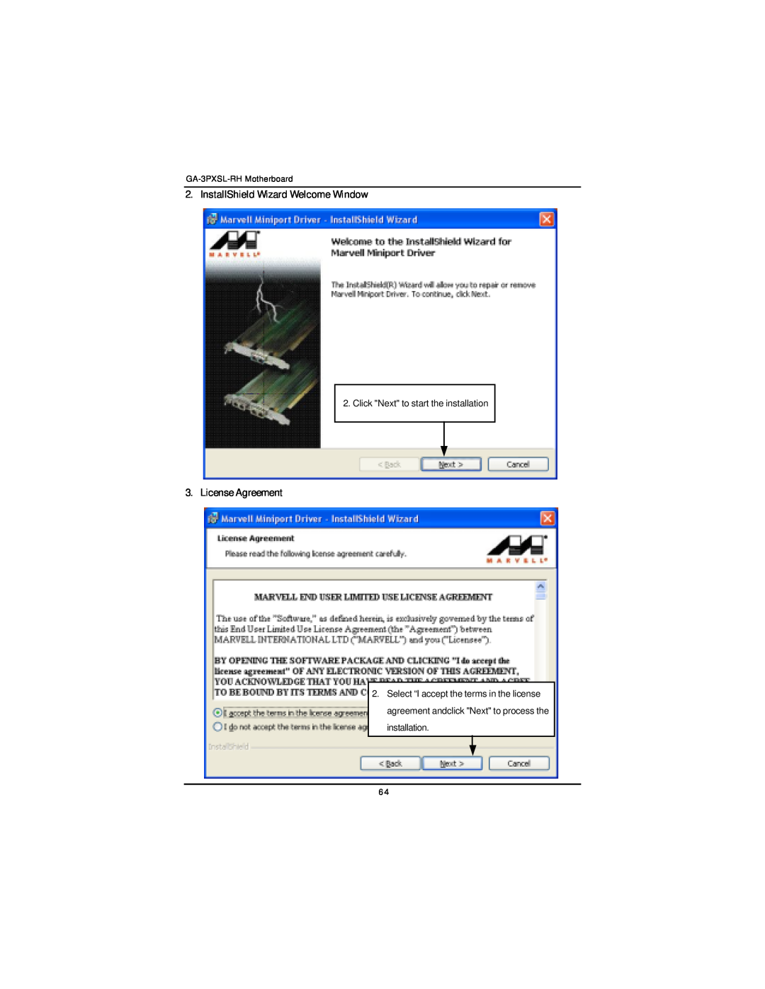 Gigabyte GA-3PXSL-RH InstallShield Wizard Welcome Window, Click Next to start the installation, License Agreement 