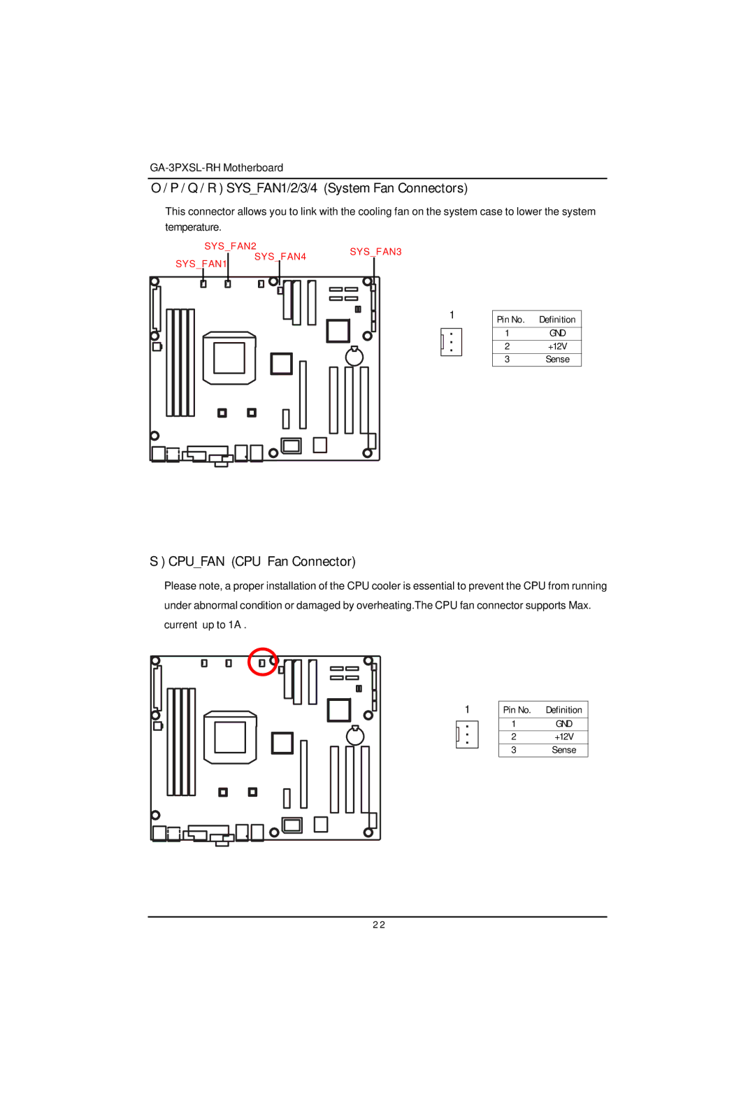 Gigabyte GA-3PXSL-RH user manual Q / R SYSFAN1/2/3/4 System Fan Connectors, Cpufan CPU Fan Connector 