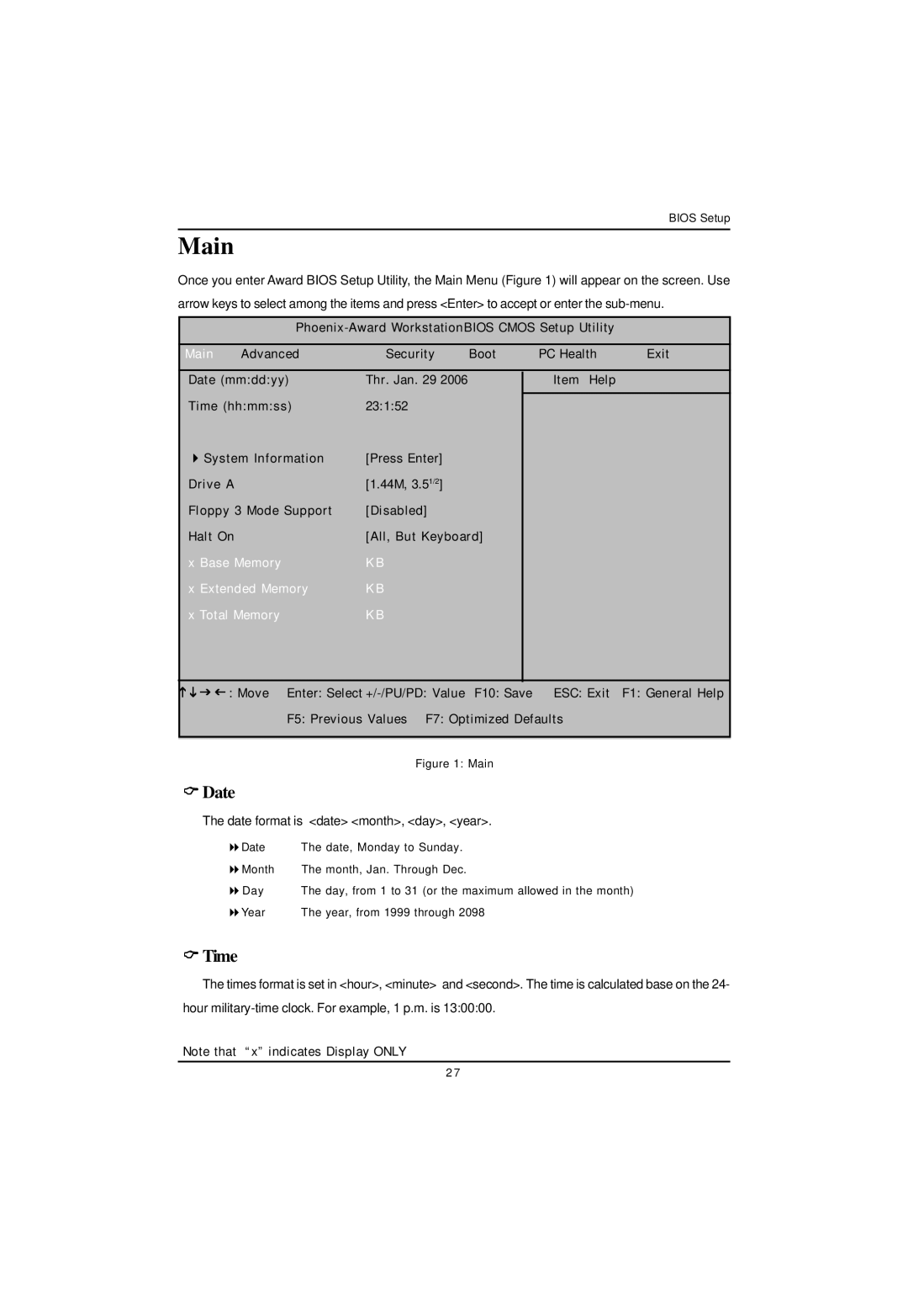 Gigabyte GA-3PXSL-RH user manual Date, Time, Main, Base Memory Extended Memory Total Memory 