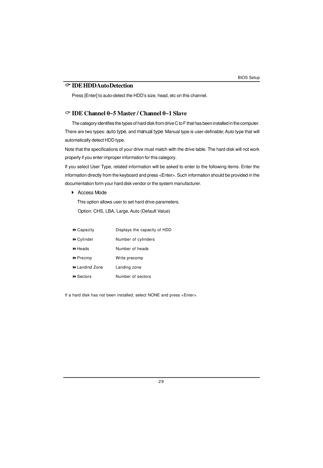 Gigabyte GA-3PXSL-RH user manual IDEHDDAutoDetection, IDE Channel 0~5 Master / Channel 0~1 Slave 