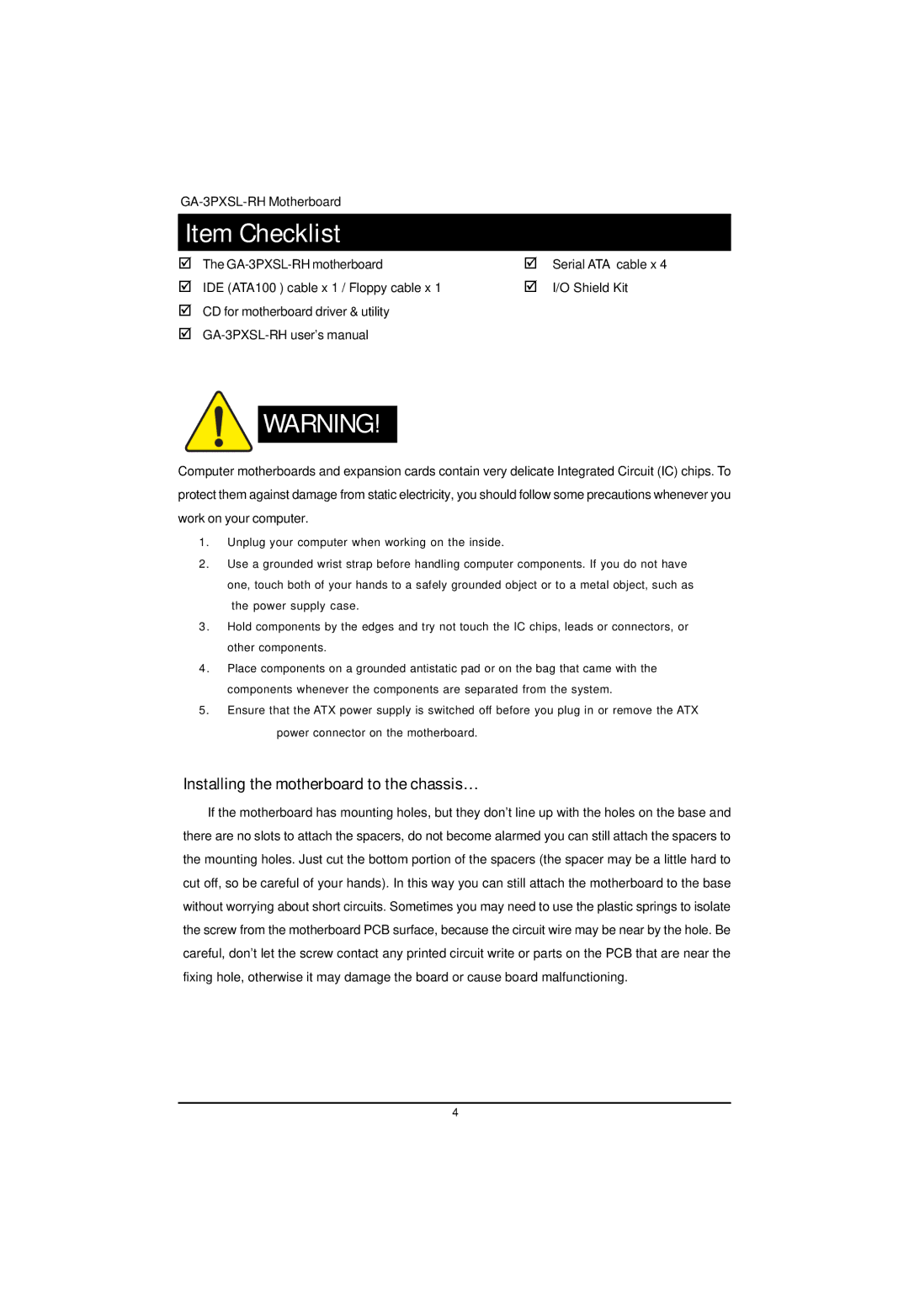 Gigabyte GA-3PXSL-RH user manual Item Checklist, Installing the motherboard to the chassis… 