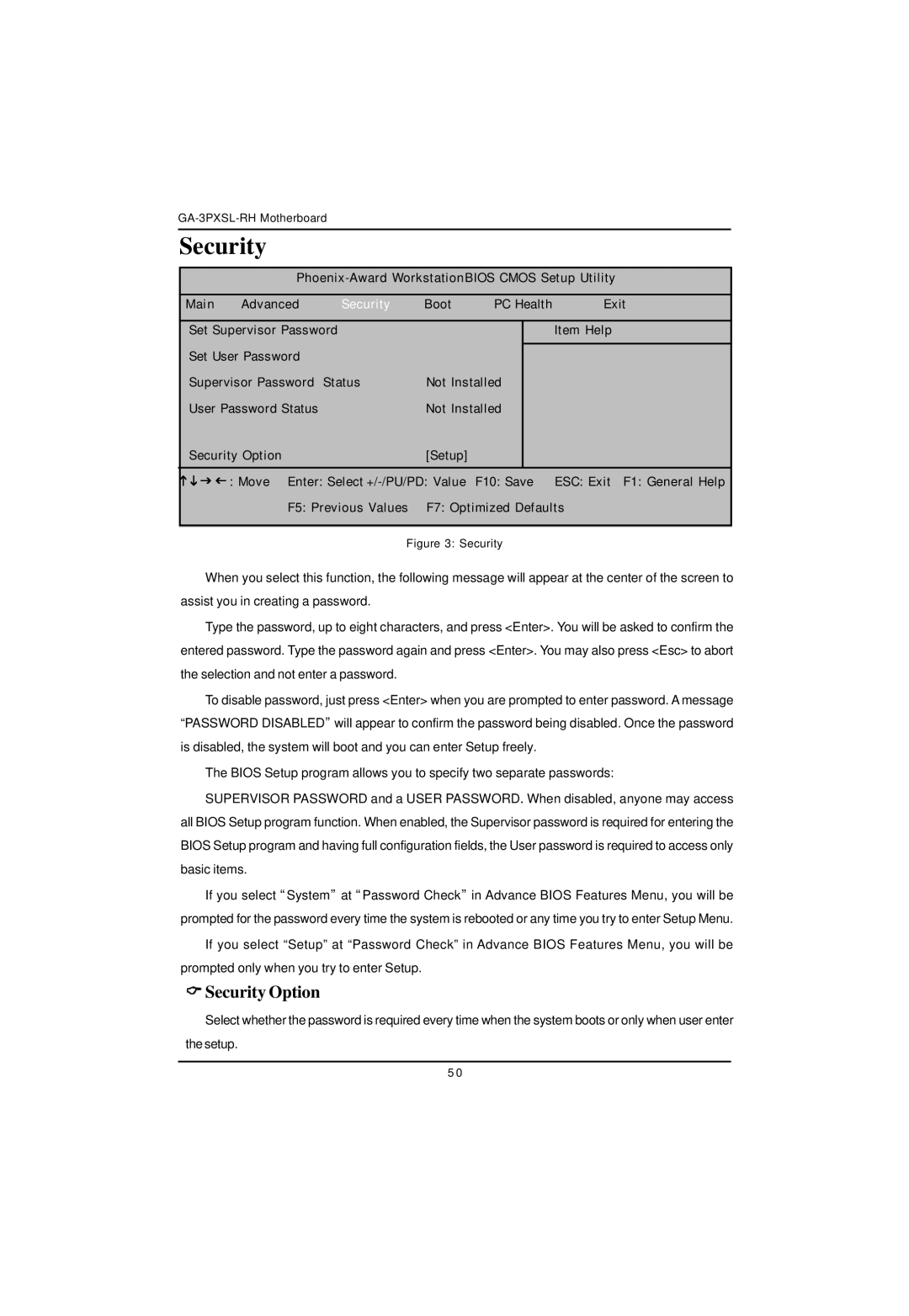 Gigabyte GA-3PXSL-RH user manual Security Option 