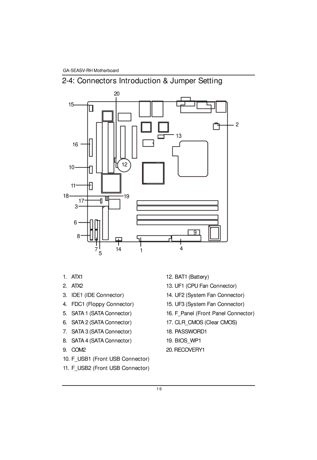 Gigabyte GA-5EASV-RH user manual BAT1 Battery, 13. UF1 CPU Fan Connector, Sata 4 Sata Connector 