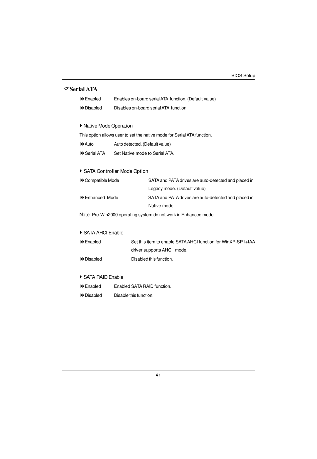 Gigabyte GA-5EASV-RH user manual Serial ATA, ` Native Mode Operation, ` Sata Controller Mode Option, ` Sata Ahci Enable 