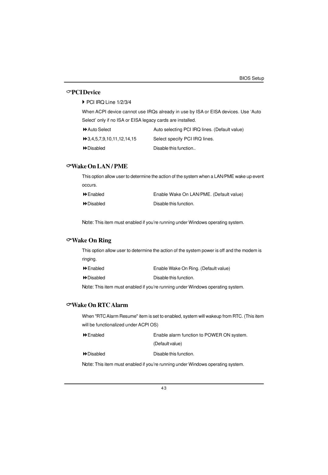 Gigabyte GA-5EASV-RH user manual PCIDevice, Wake On LAN / PME, Wake On Ring, Wake On RTC Alarm, ` PCI IRQ Line 1/2/3/4 