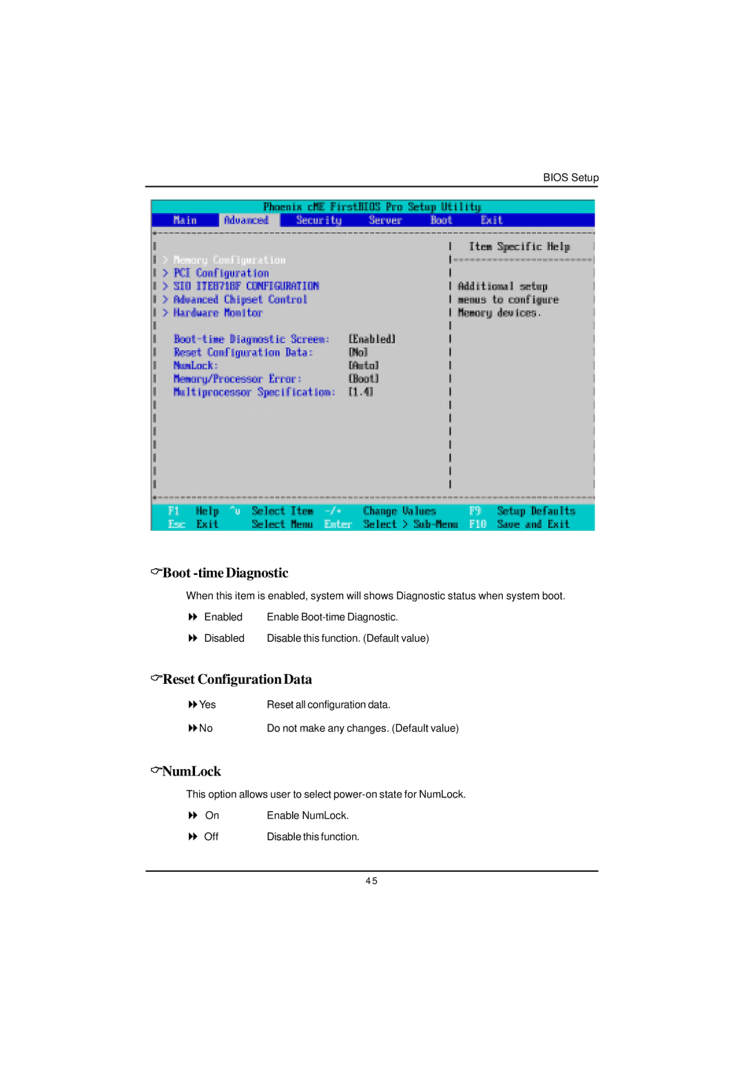 Gigabyte GA-5EASV-RH user manual Boot -time Diagnostic, Reset ConfigurationData, NumLock 