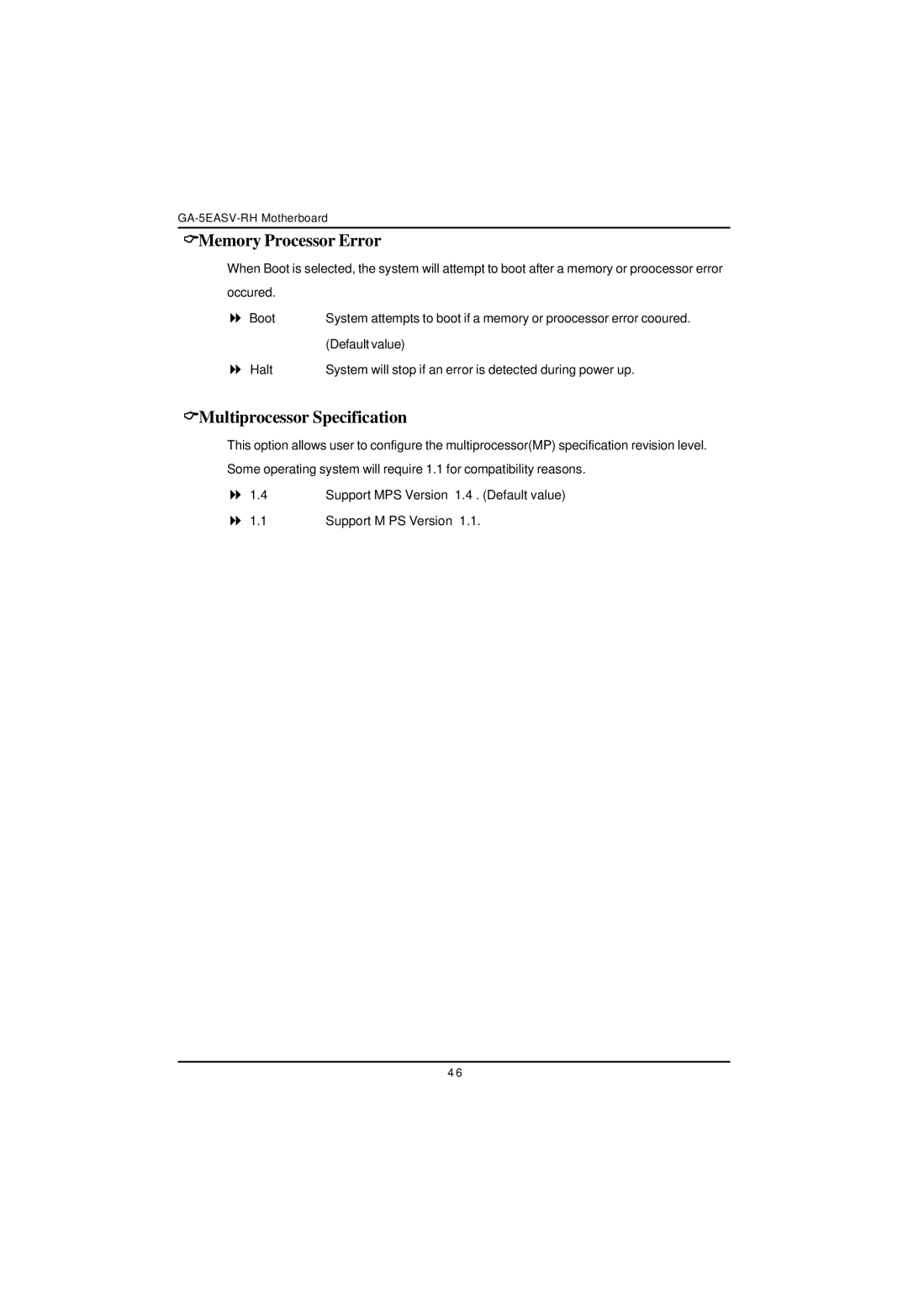 Gigabyte GA-5EASV-RH user manual Memory Processor Error, Multiprocessor Specification 