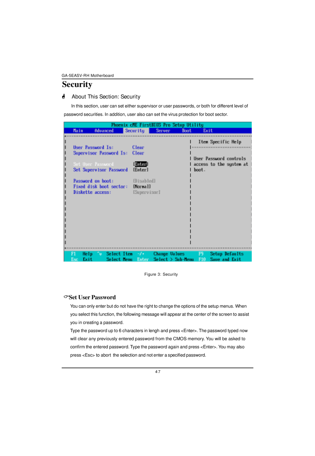 Gigabyte GA-5EASV-RH user manual About This Section Security, Set User Password 