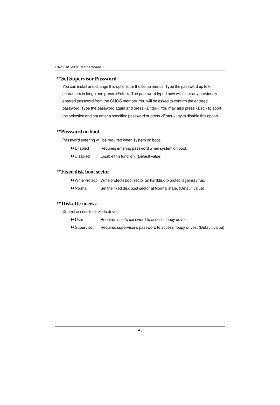 Gigabyte GA-5EASV-RH user manual Set Supervisor Password, Password on boot, Fixed disk boot sector, Diskette access 