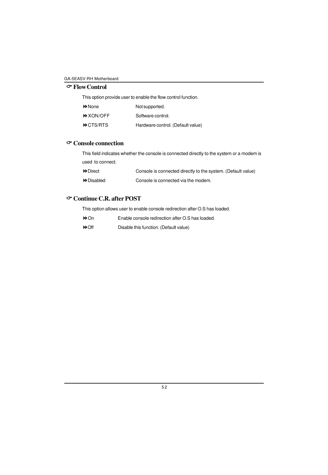 Gigabyte GA-5EASV-RH user manual FlowControl, Console connection, Continue C.R. after Post 