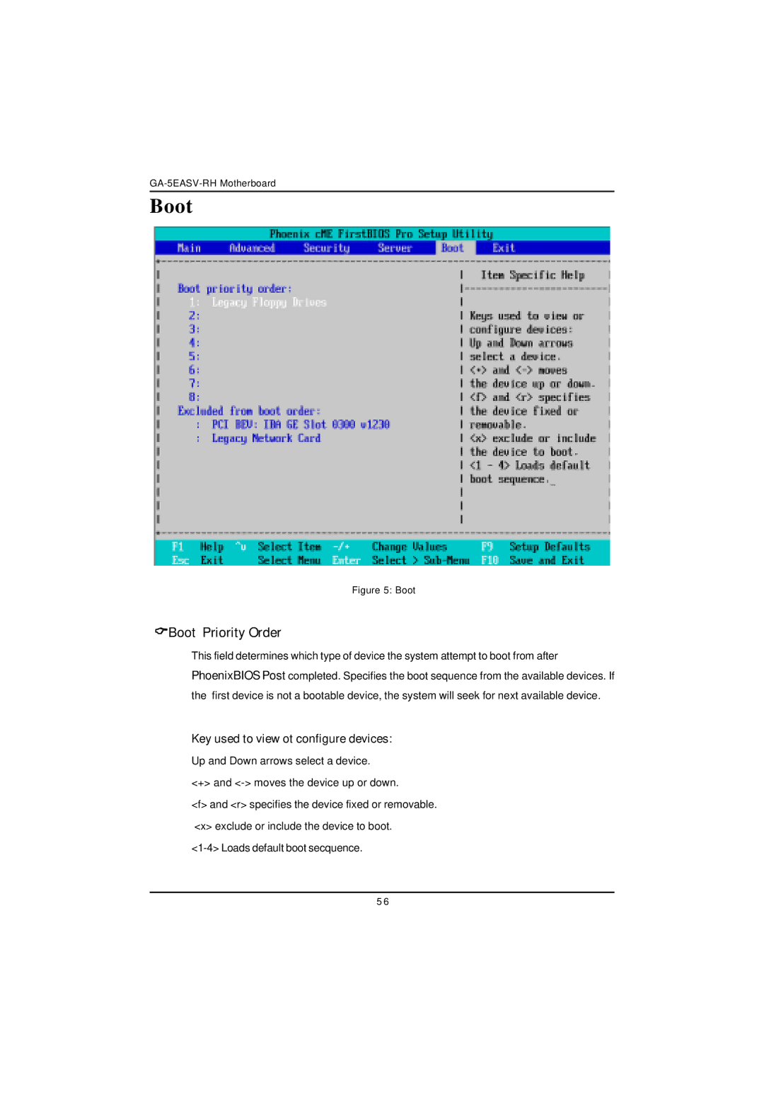 Gigabyte GA-5EASV-RH user manual Boot Priority Order, Key used to view ot configure devices 