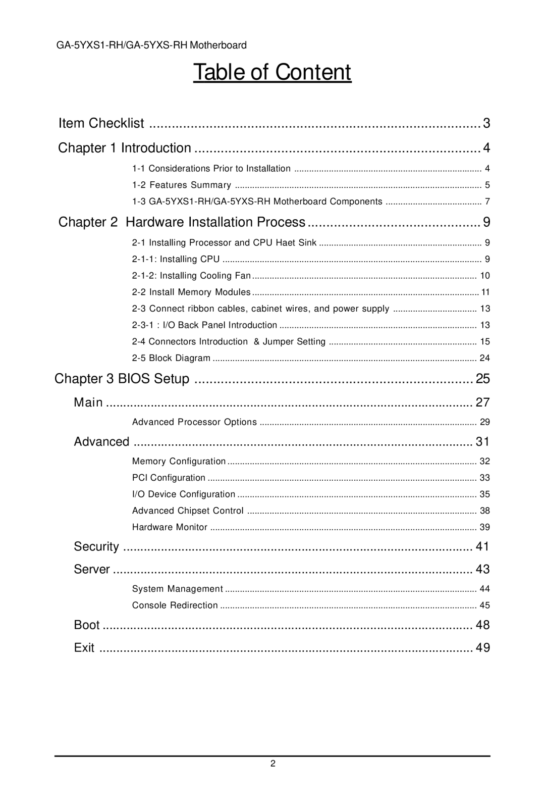 Gigabyte GA-5YXS1-RH, GA-5YXS-RH user manual Table of Content 