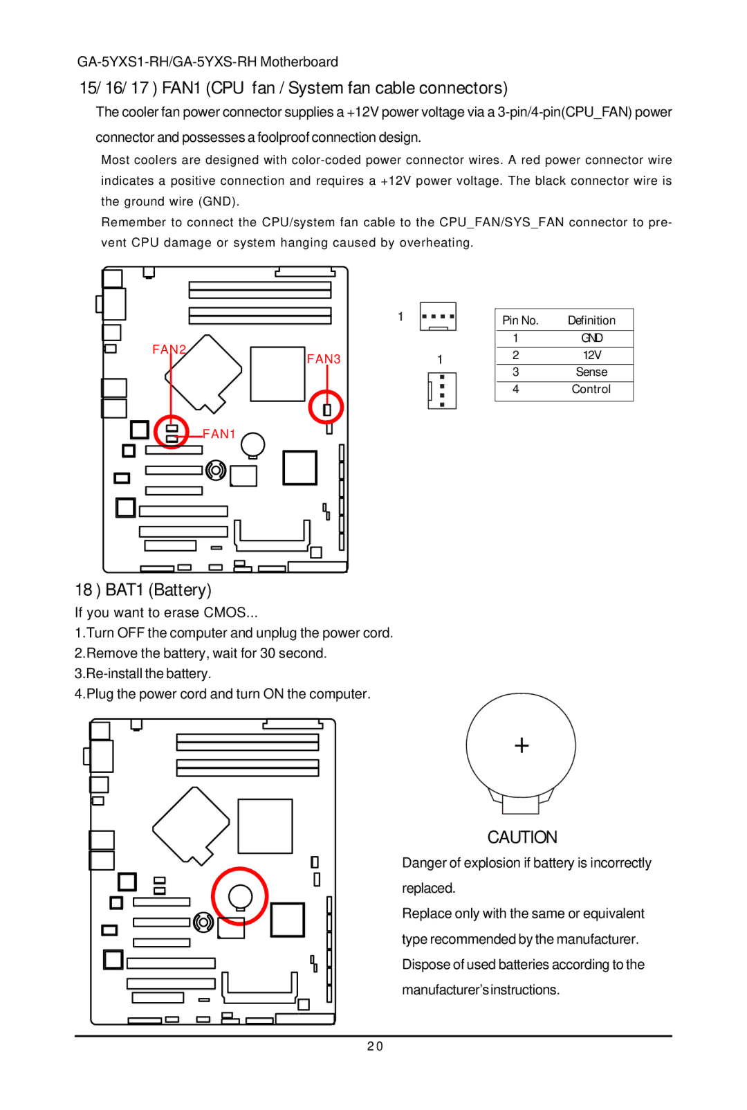 Gigabyte GA-5YXS1-RH, GA-5YXS-RH user manual 15/ 16/ 17 FAN1 CPU fan / System fan cable connectors, BAT1 Battery 