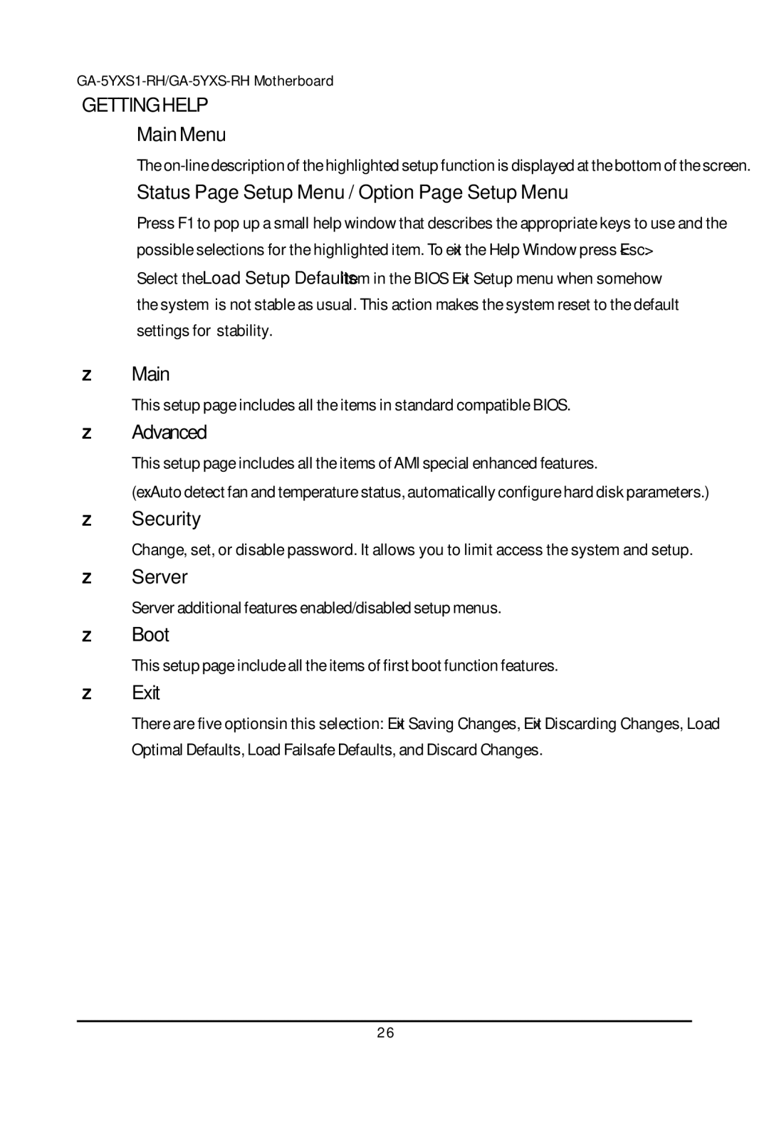 Gigabyte GA-5YXS1-RH MainMenu, Status Page Setup Menu / Option Page Setup Menu, Advanced, Security, Server, Boot, Exit 
