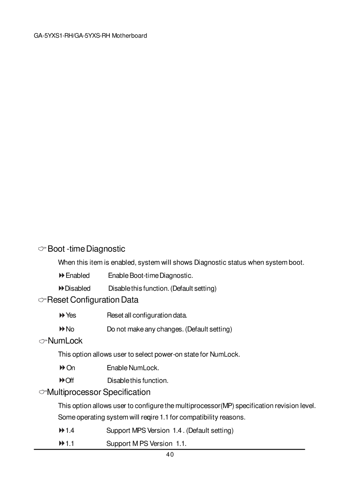 Gigabyte GA-5YXS1-RH, GA-5YXS-RH Boot -time Diagnostic, Reset Configuration Data, NumLock, Multiprocessor Specification 