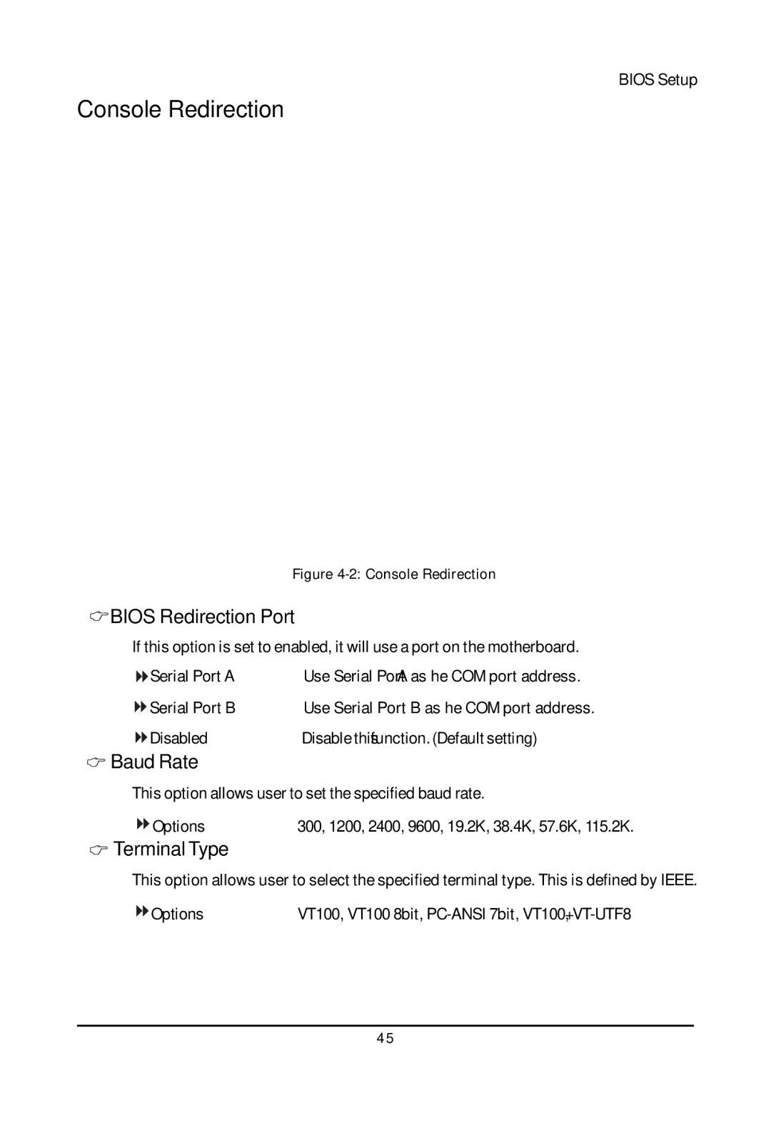 Gigabyte GA-5YXS-RH, GA-5YXS1-RH user manual Console Redirection, Bios Redirection Port, Baud Rate, Terminal Type 