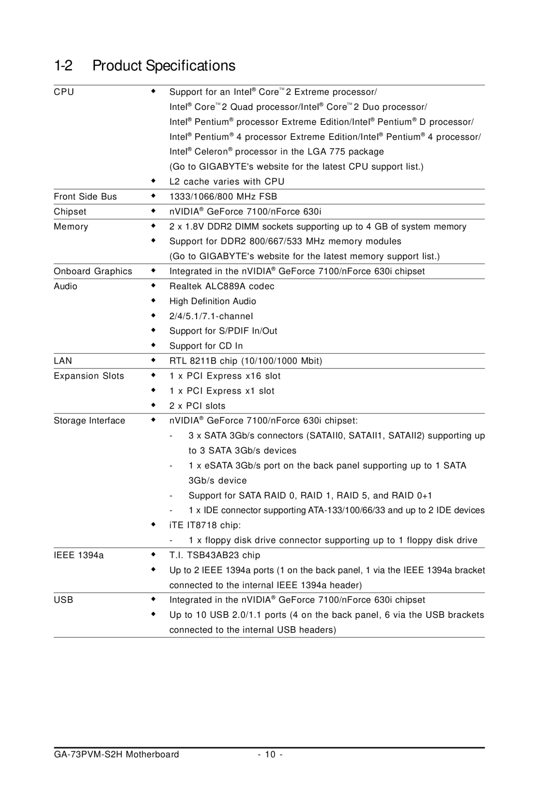 Gigabyte GA-73PVM-S2H user manual Product Specifications, Cpu 