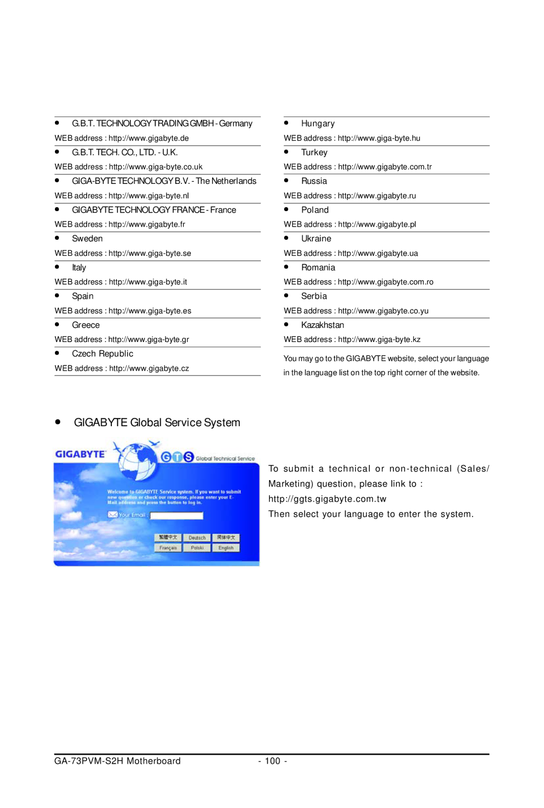 Gigabyte GA-73PVM-S2H user manual Gigabyte Global Service System 