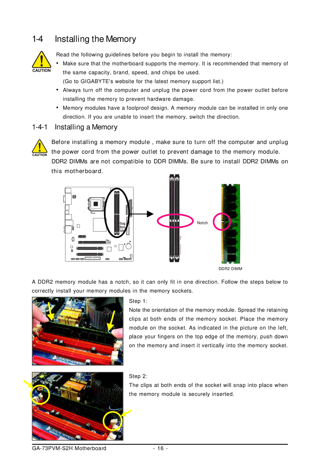 Gigabyte GA-73PVM-S2H user manual Installing the Memory, Installing a Memory 