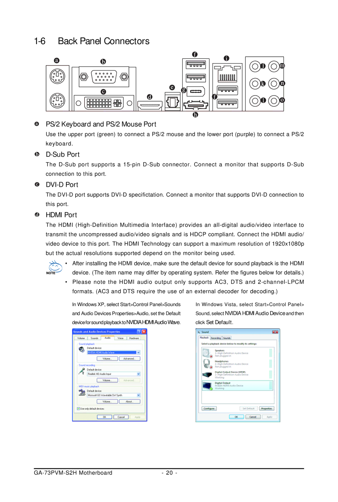 Gigabyte GA-73PVM-S2H user manual Back Panel Connectors, PS/2 Keyboard and PS/2 Mouse Port, Sub Port, DVI-D Port, Hdmi Port 