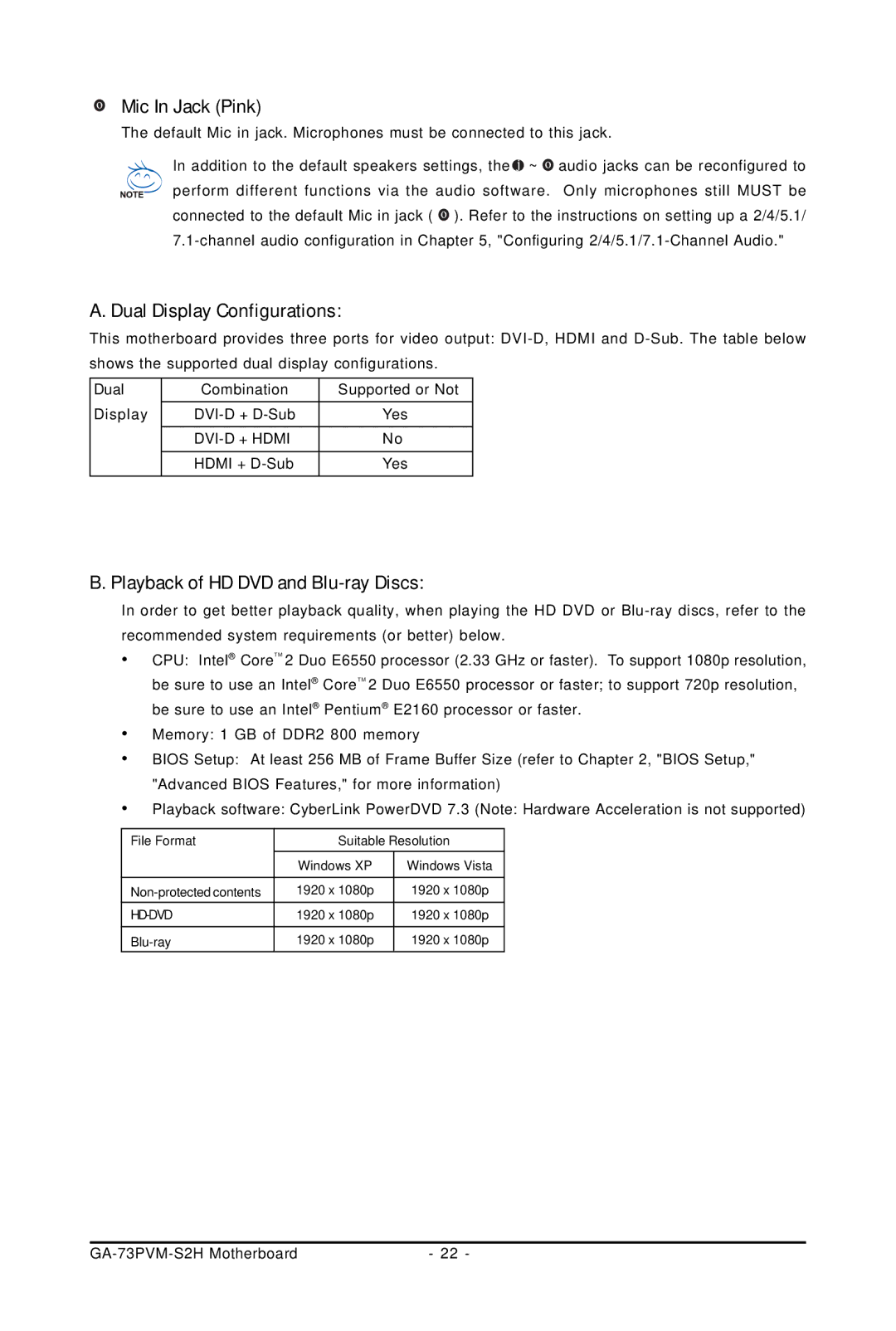 Gigabyte GA-73PVM-S2H user manual Mic In Jack Pink, Dual Display Configurations, Playback of HD DVD and Blu-ray Discs 