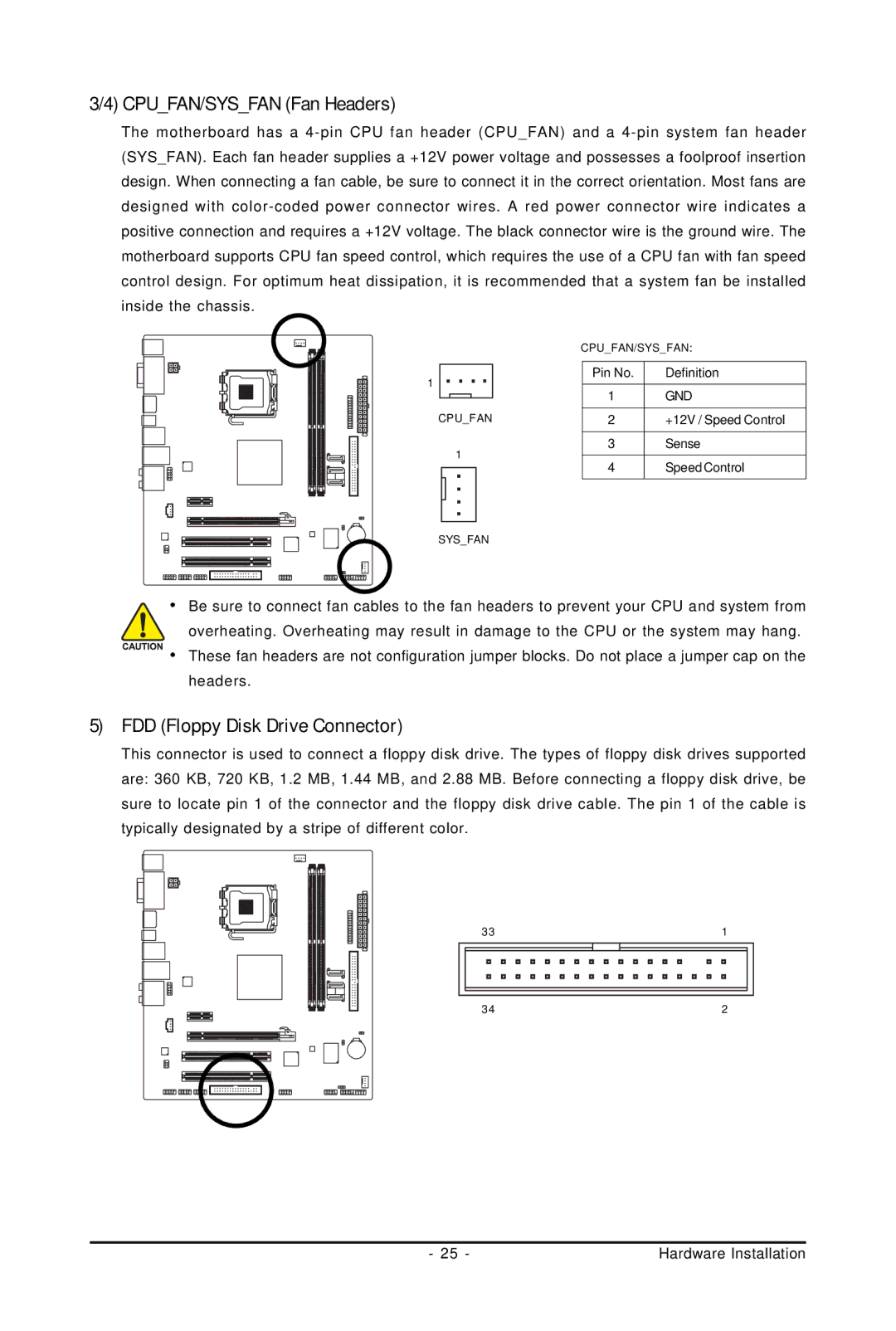 Gigabyte GA-73PVM-S2H user manual CPUFAN/SYSFAN Fan Headers, FDD Floppy Disk Drive Connector 