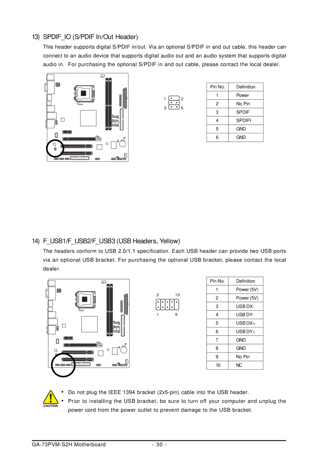 Gigabyte GA-73PVM-S2H user manual Spdifio S/PDIF In/Out Header, FUSB1/FUSB2/FUSB3 USB Headers, Yellow 